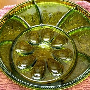 Vintage avocado green glass deviled egg platter